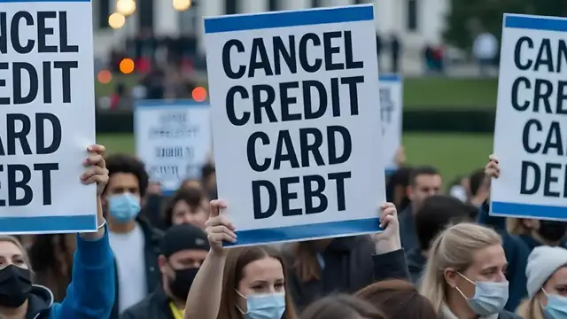 Protesters holding Cancel Credit Card Debt signs